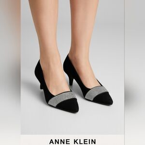 Anne Klein Black Suede and Silver Rhinestone Low Heels 7.5